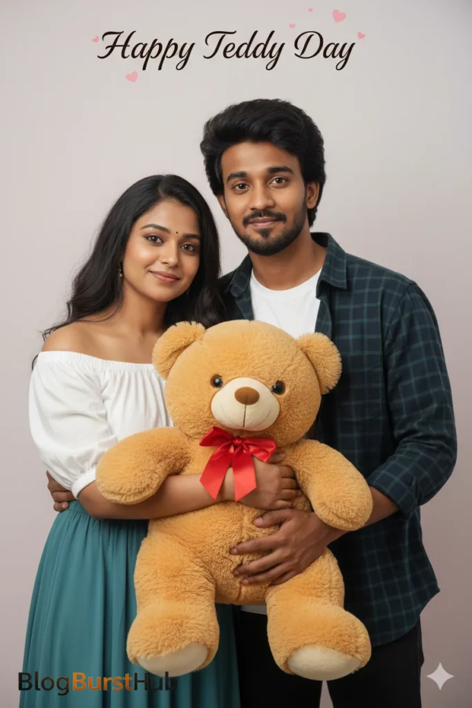 Couple standing together holding teddy bear on Teddy Day, romantic Valentine photo