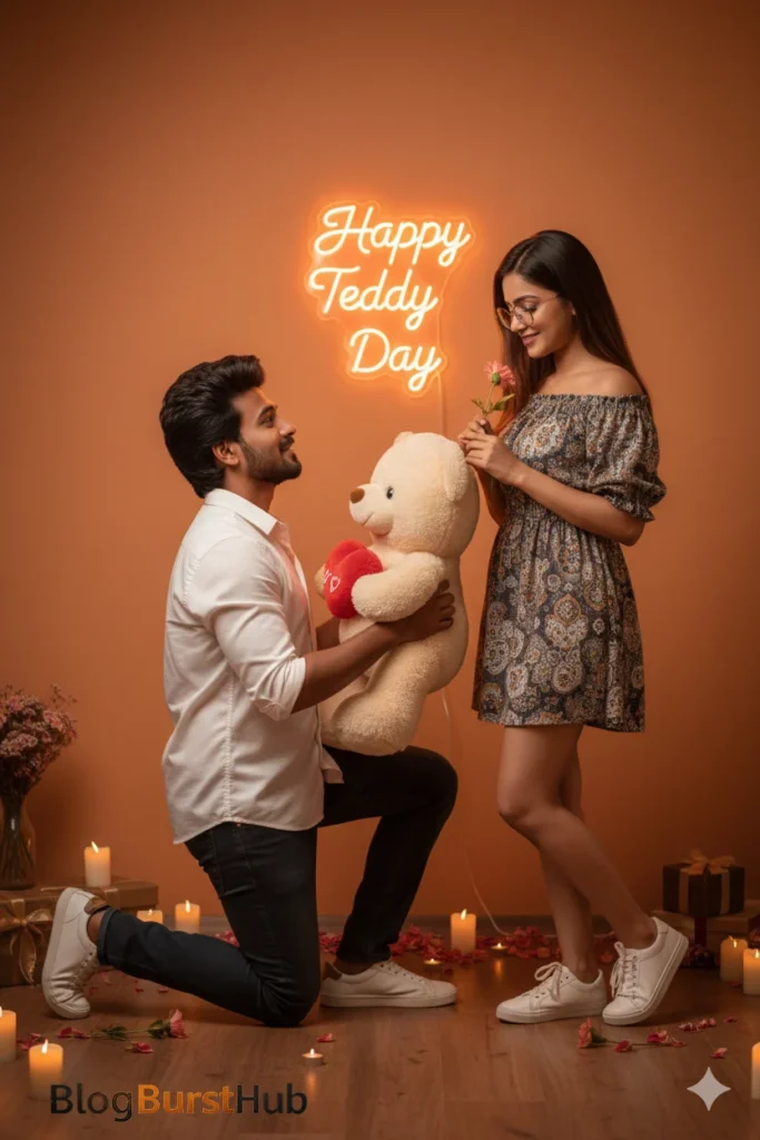 Romantic Teddy Day proposal with heart teddy bear and candles