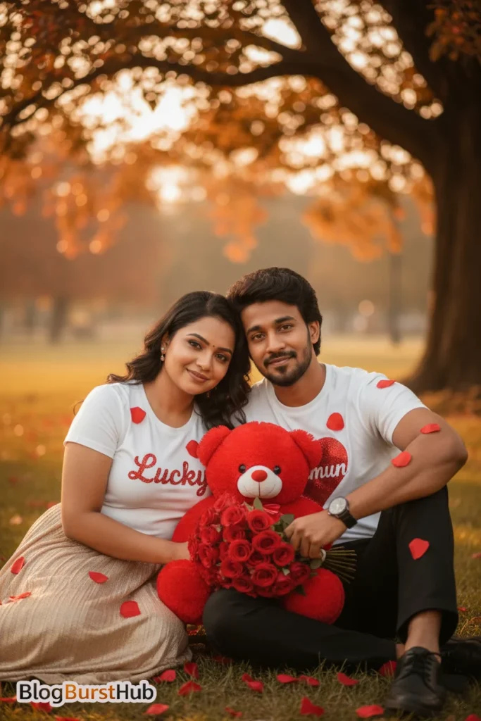 Romantic couple sitting on grass holding teddy bear and rose bouquet during golden hour Valentine’s Day