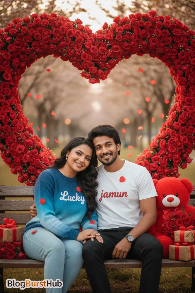 Romantic couple sitting on bench under heart shaped rose arch with Valentine gifts and teddy bear in park