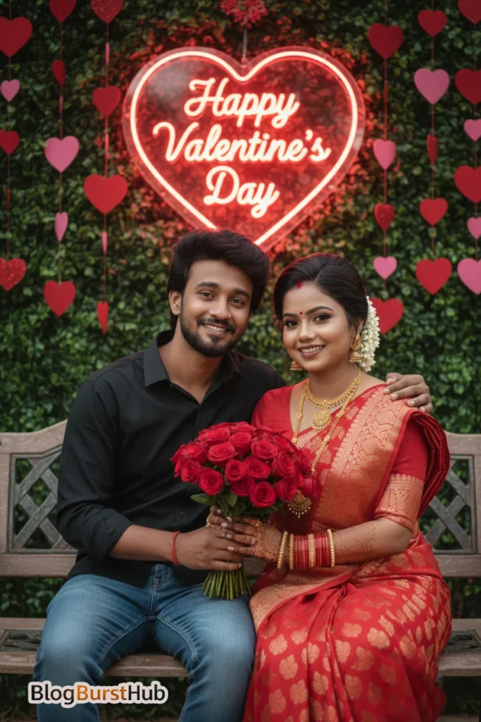 Romantic couple holding rose bouquet under neon Happy Valentine’s Day heart sign