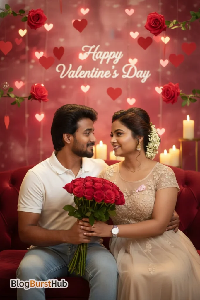 Couple sitting on sofa holding rose bouquet with Valentine heart decorations background