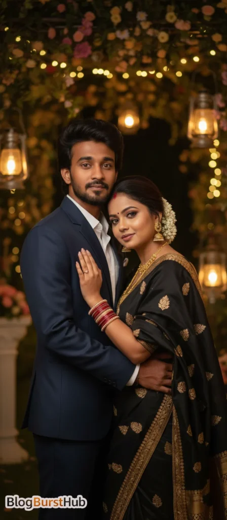 Romantic couple wearing traditional outfits standing under decorative lights Valentine portrait