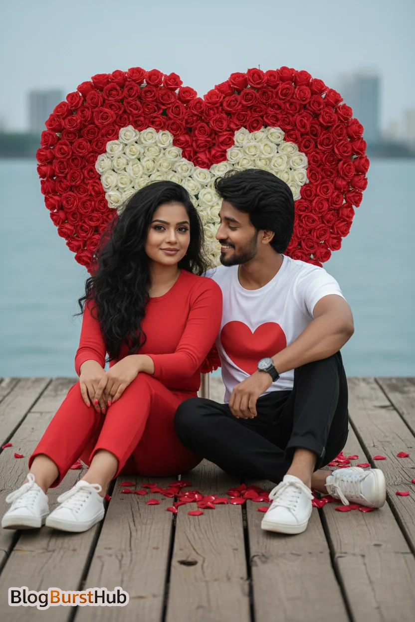 Romantic couple sitting on wooden deck with heart shaped rose decoration background