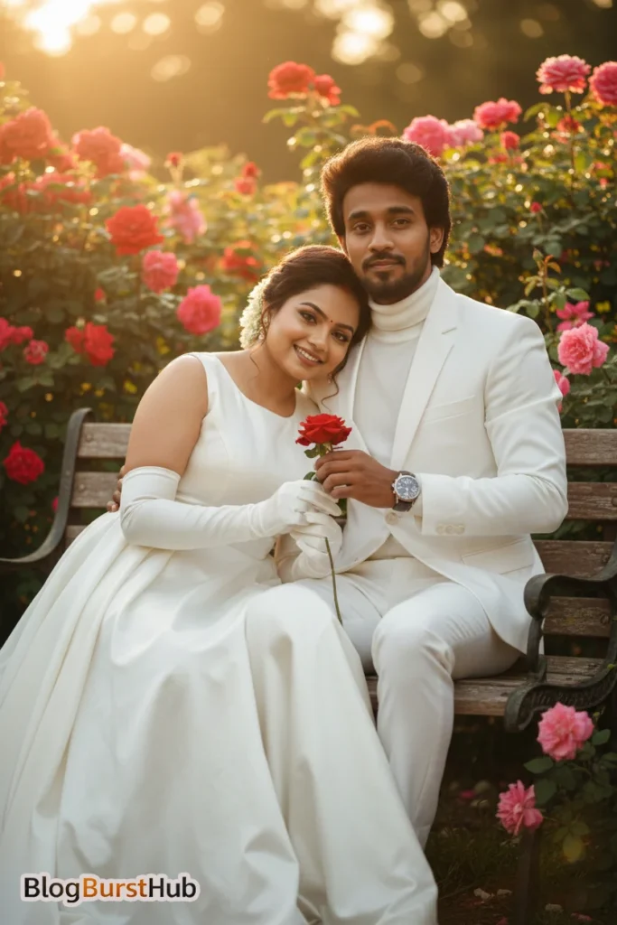 Romantic couple wearing white outfits sitting on bench holding rose in garden