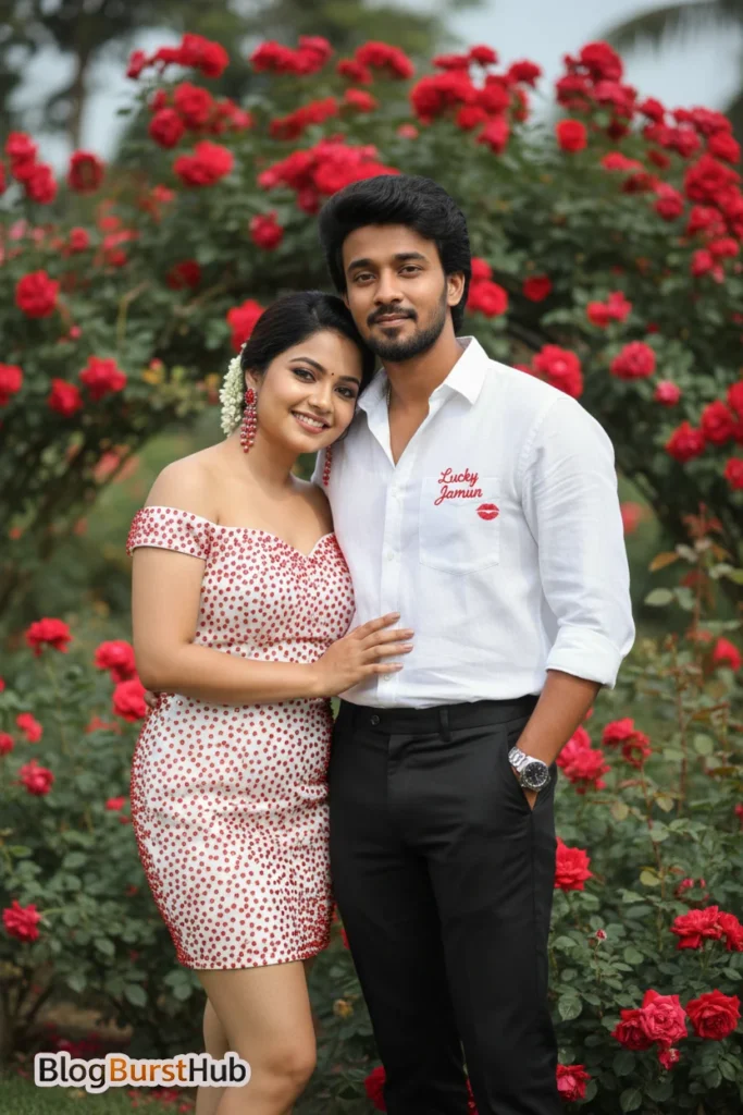 Romantic couple standing together surrounded by blooming red roses in garden Valentine photoshoot