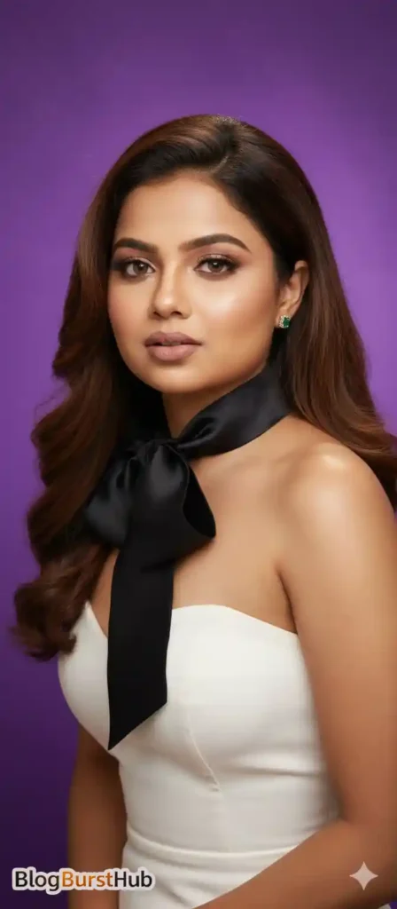 Fashion model wearing a white outfit with a black ribbon posing in a studio fashion portrait