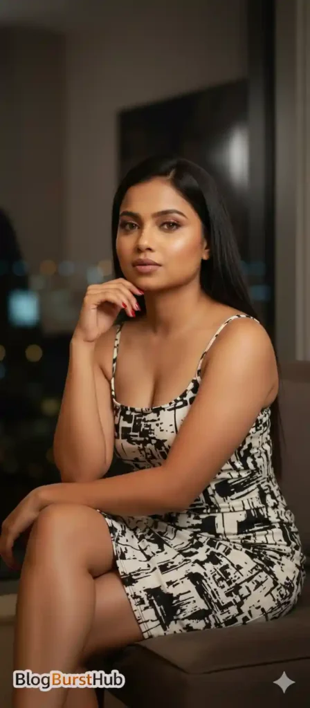 Elegant woman in a stylish black and white dress posing for a glamour fashion photoshoot