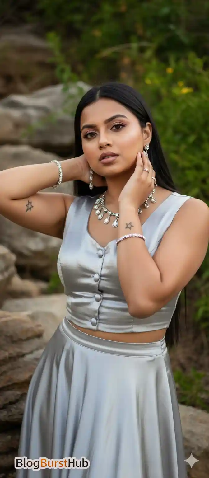 Fashion model wearing a silver outfit posing outdoors for a fashion photoshoot