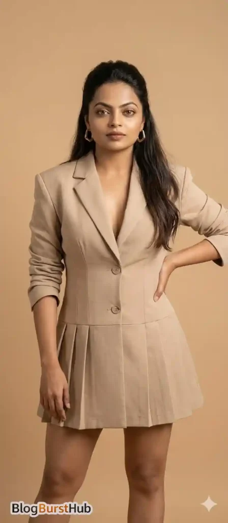 Fashion model wearing a beige outfit posing for a studio fashion photoshoot