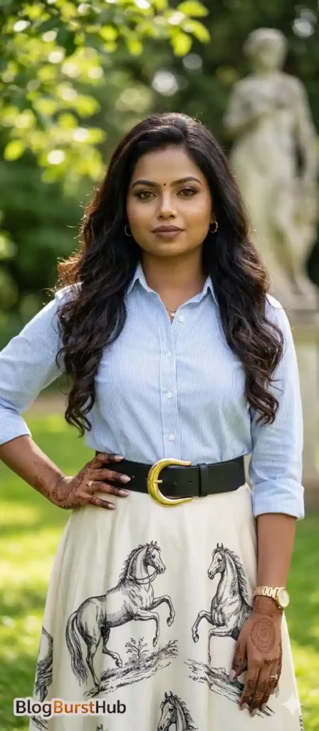 Woman wearing a casual office outfit with a skirt and belt posing outdoors