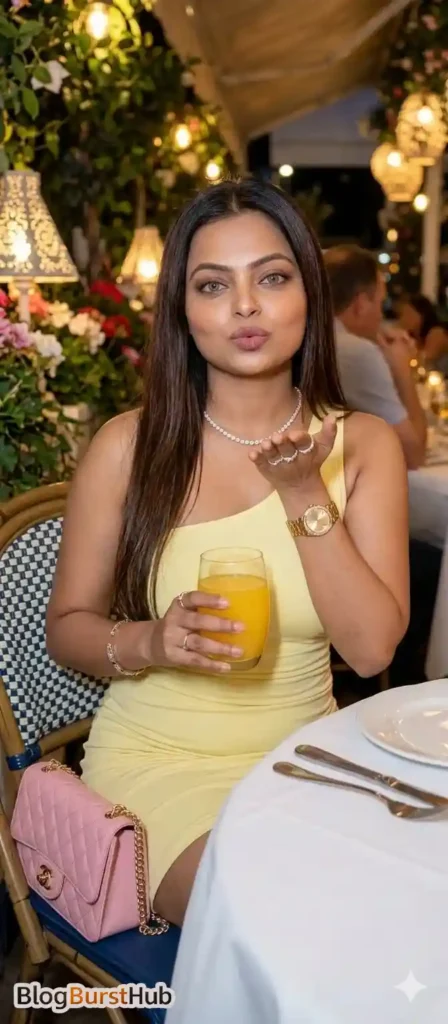 Woman wearing a yellow dress sitting at a restaurant holding a glass of juice