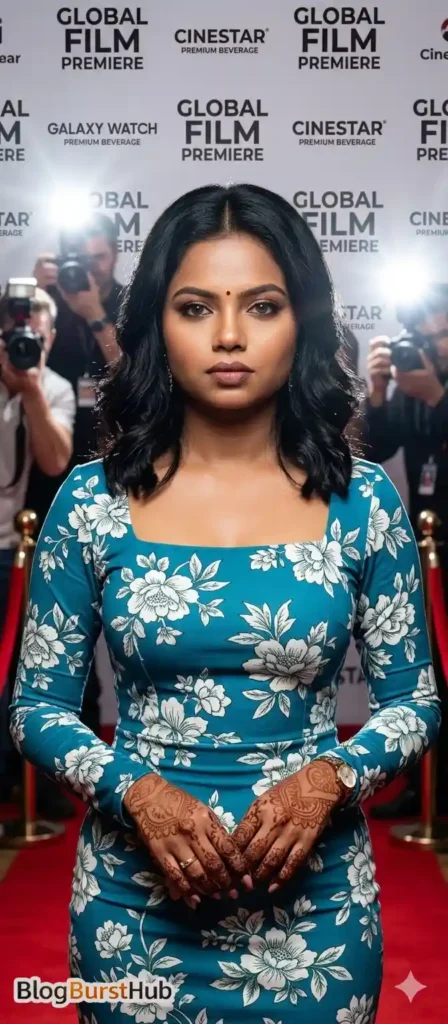 Fashion model posing on a red carpet at a global film premiere event