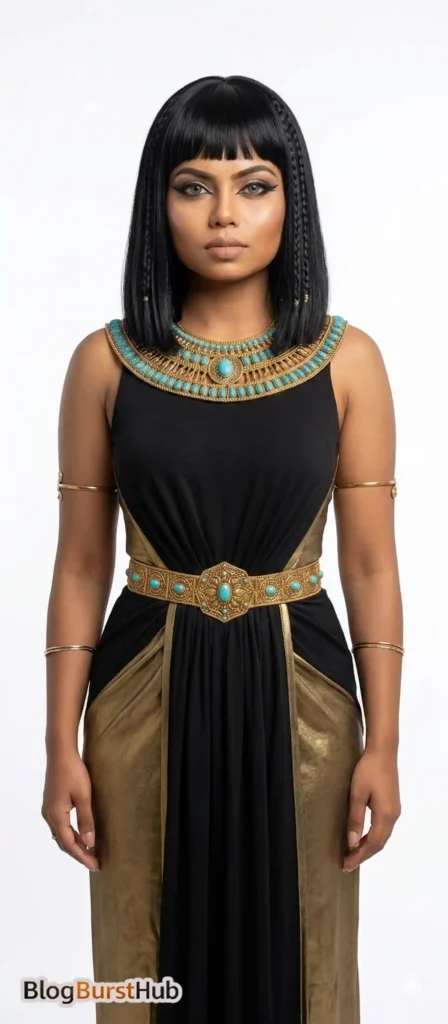 Ancient Egyptian queen wearing a black and gold royal dress with turquoise necklace and golden belt.