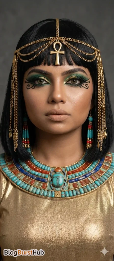 Ancient Egyptian queen wearing an ankh crown, gold jewelry, turquoise collar necklace, and dramatic Egyptian eye makeup.