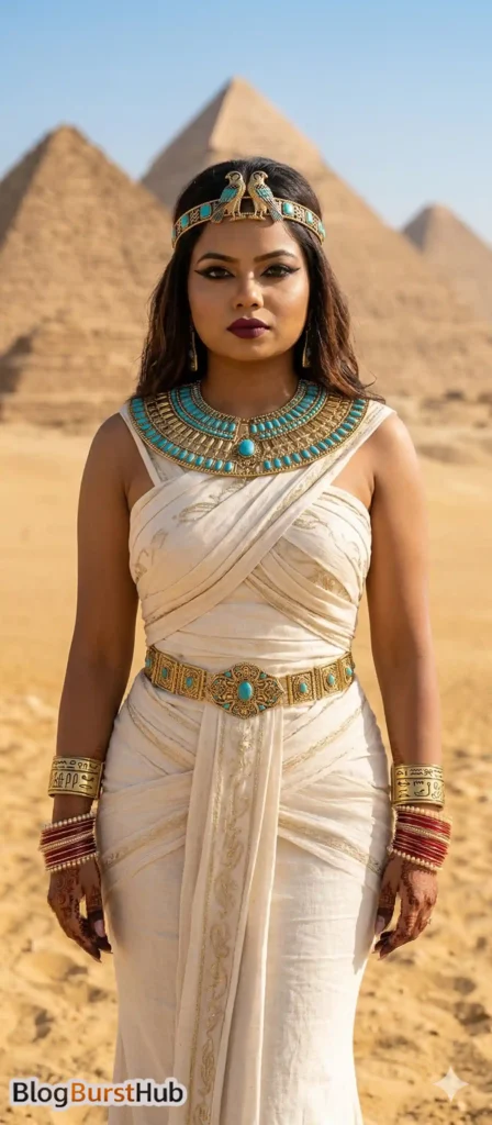 Ancient Egyptian queen wearing royal jewelry and white ceremonial dress standing in the desert with pyramids behind her.