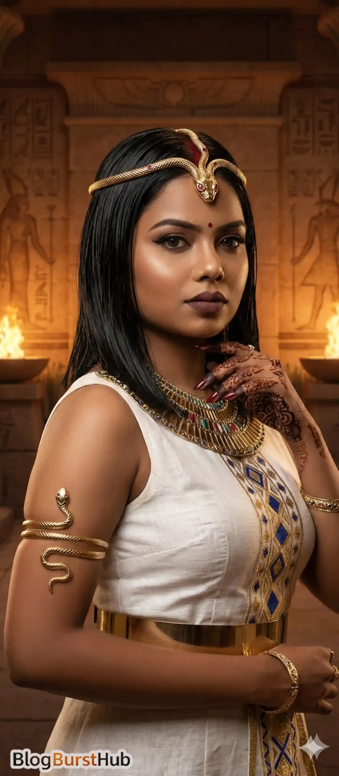 Ancient Egyptian queen wearing a golden serpent crown and white royal dress inside an illuminated Egyptian temple.