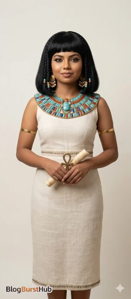 Ancient Egyptian queen wearing a white linen dress and traditional turquoise collar necklace holding a papyrus scroll.