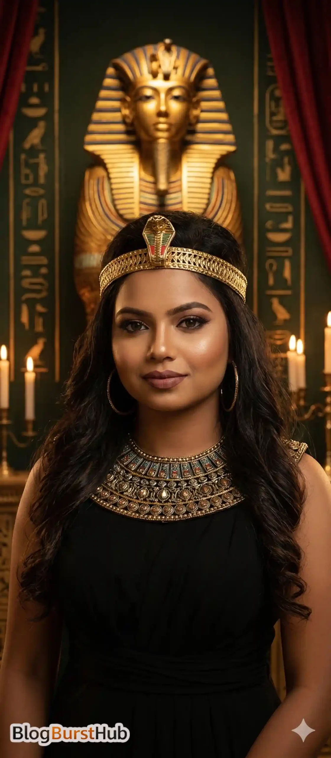 Ancient Egyptian queen wearing a black royal dress and cobra crown standing in a palace with a golden pharaoh statue behind.