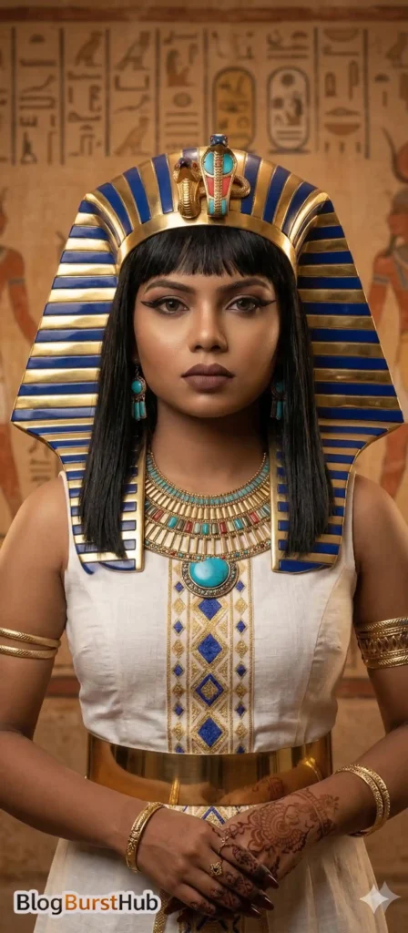 Ancient Egyptian pharaoh queen wearing a blue and gold Nemes headdress and royal necklace in front of temple hieroglyphics.