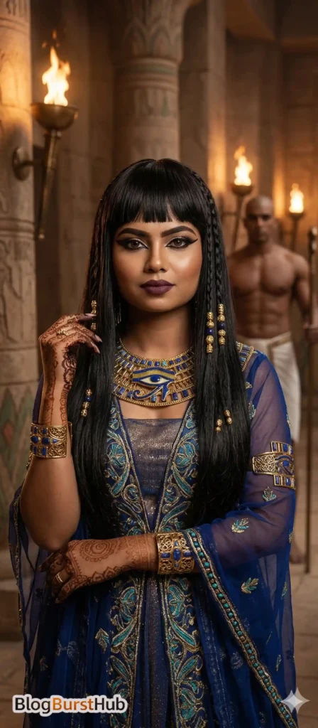 Ancient Egyptian queen wearing a royal blue outfit and Eye of Horus necklace inside an ancient Egyptian temple.