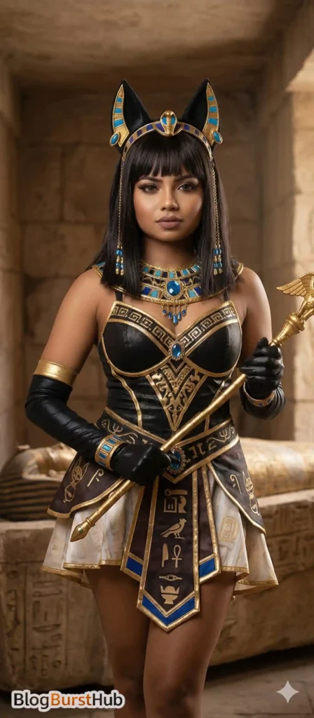 Ancient Egyptian queen wearing a white linen dress and traditional turquoise collar necklace holding a papyrus scroll.