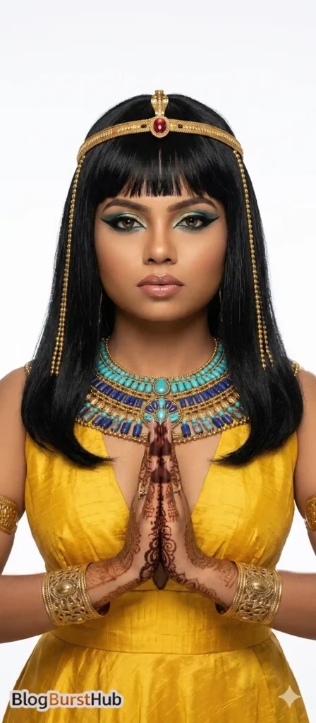 Ancient Egyptian queen wearing a yellow dress, gold crown, and turquoise jewelry with hands in prayer pose.