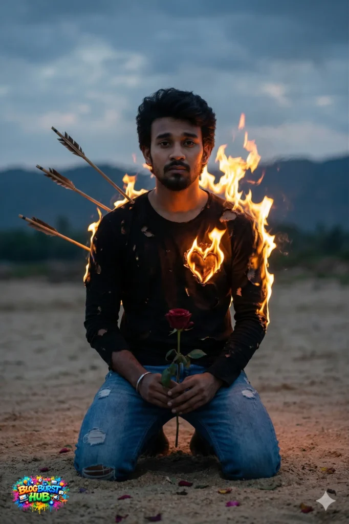 man with burning heart and arrows symbolizing heartbreak pain and emotional damage
