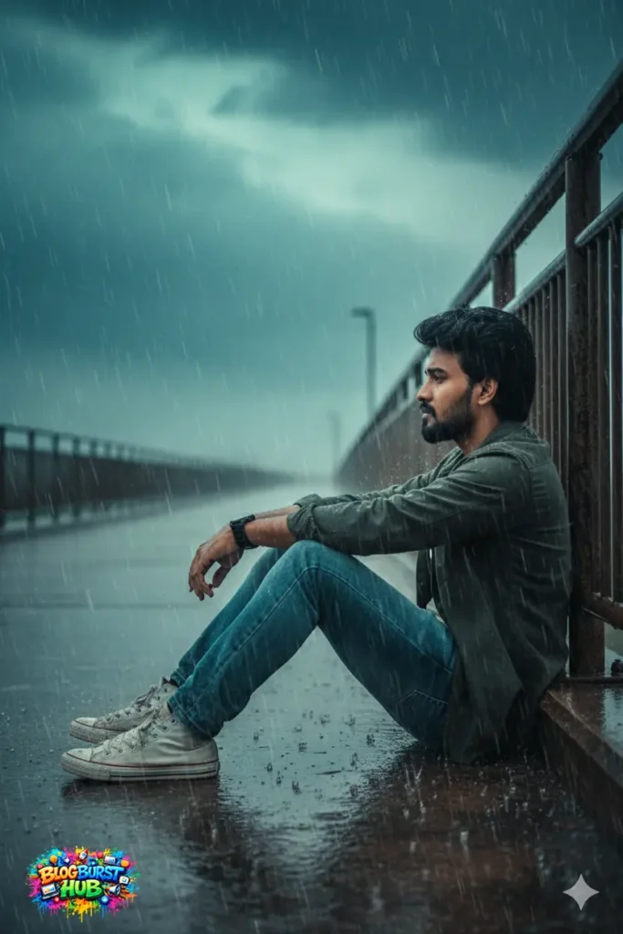 sad man sitting alone in rain on bridge expressing heartbreak and emotional pain