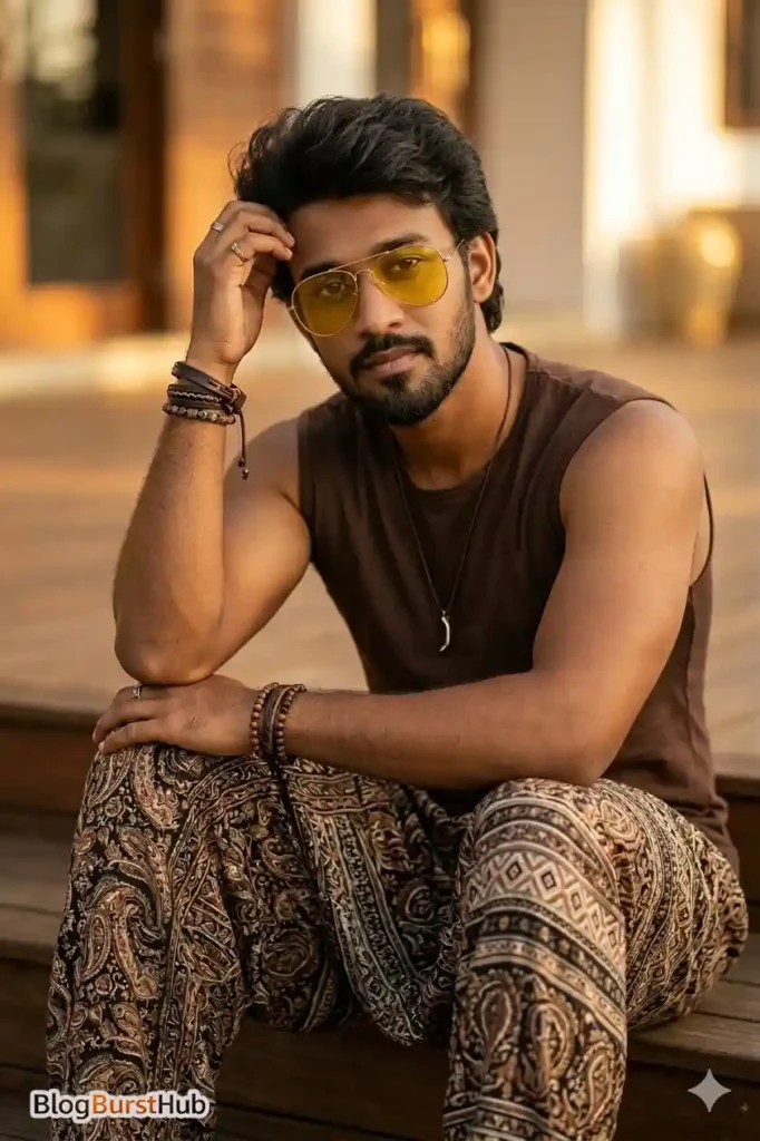 man wearing sunglasses casual outfit cinematic golden hour portrait
