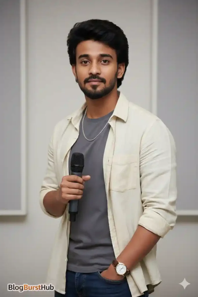 young man holding microphone professional cinematic portrait ai image
