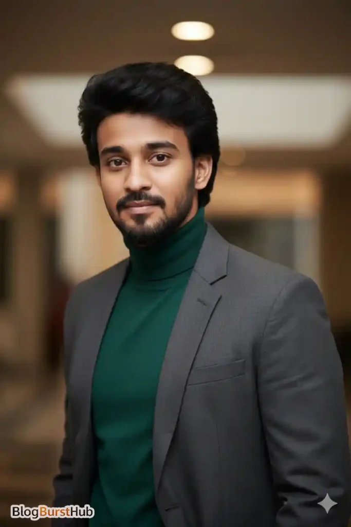 stylish man wearing blazer and green turtleneck cinematic indoor portrait