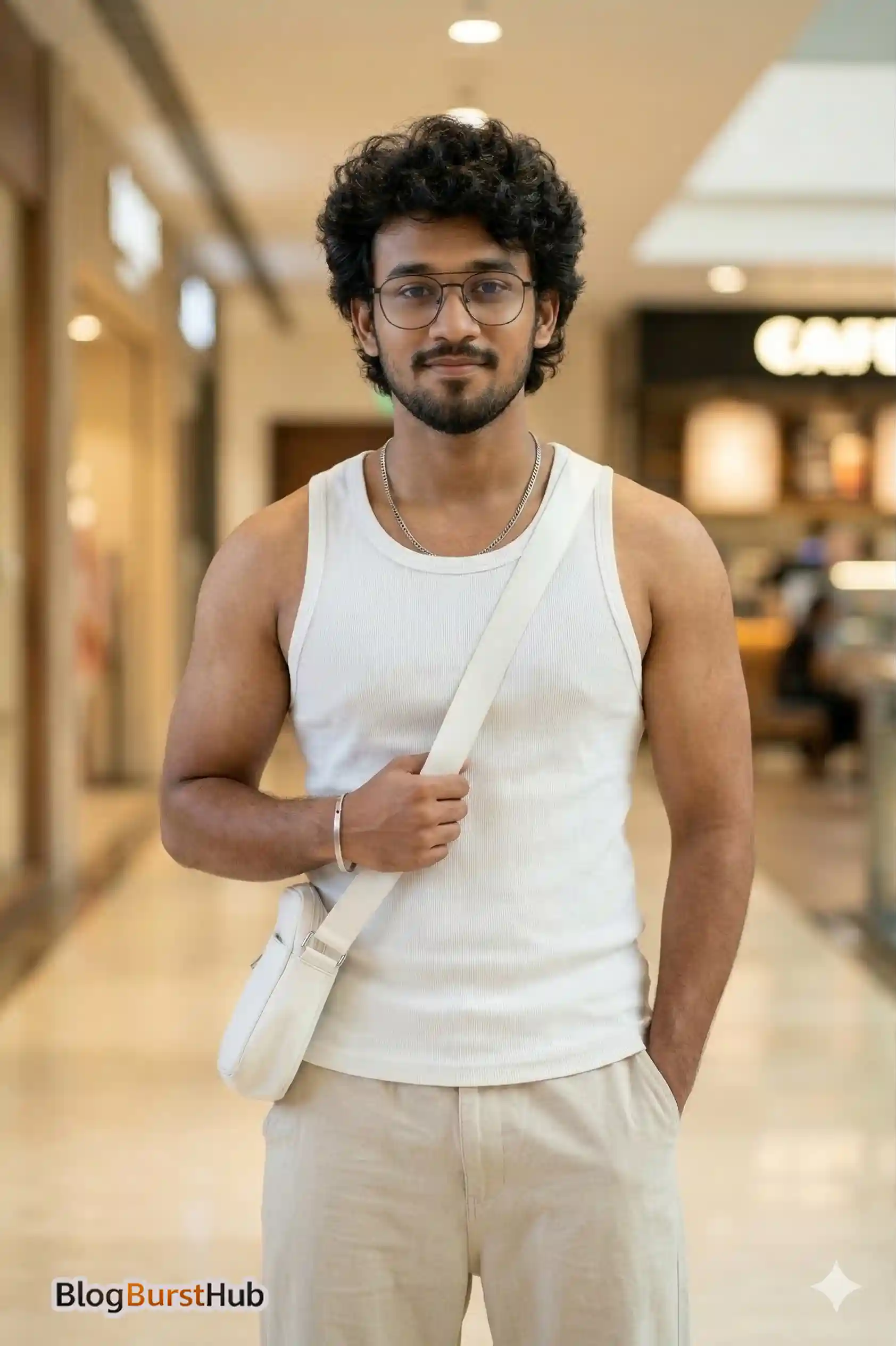 young man standing inside a shopping mall casual cinematic portrait