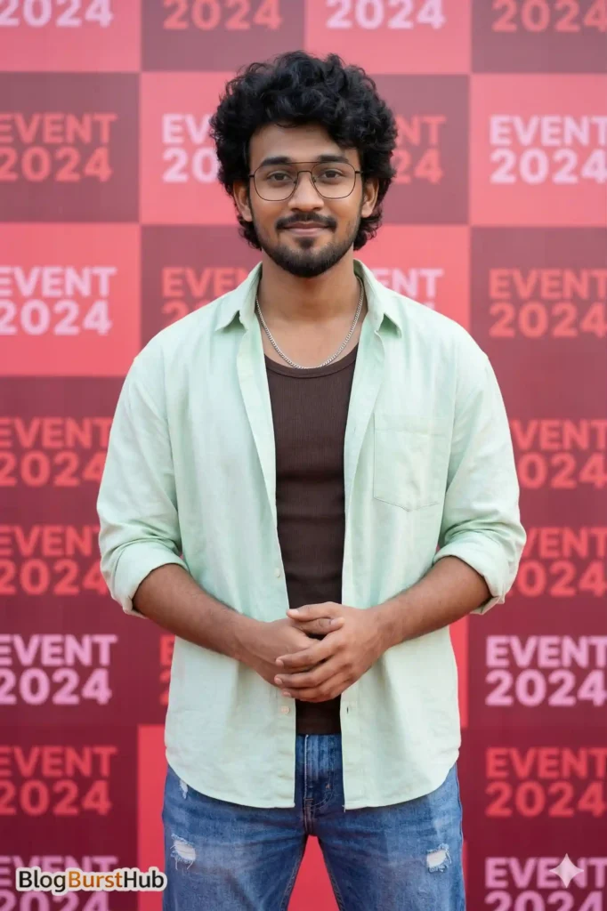 young man standing in front of event backdrop cinematic portrait ai image