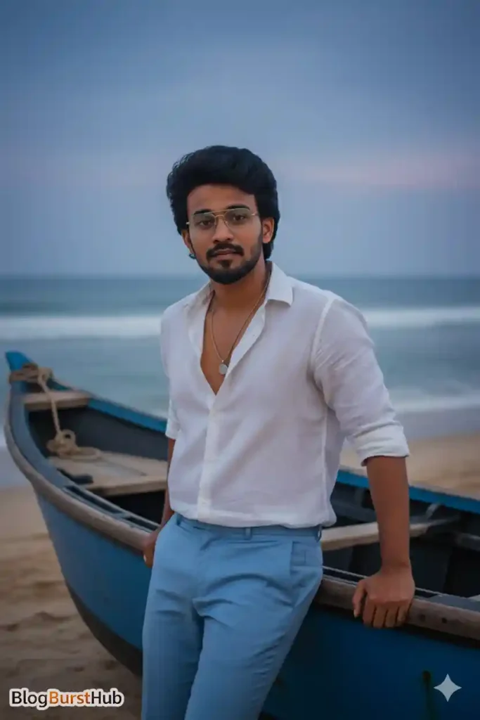 man standing near a boat on the beach cinematic ocean photoshoot realistic ai image