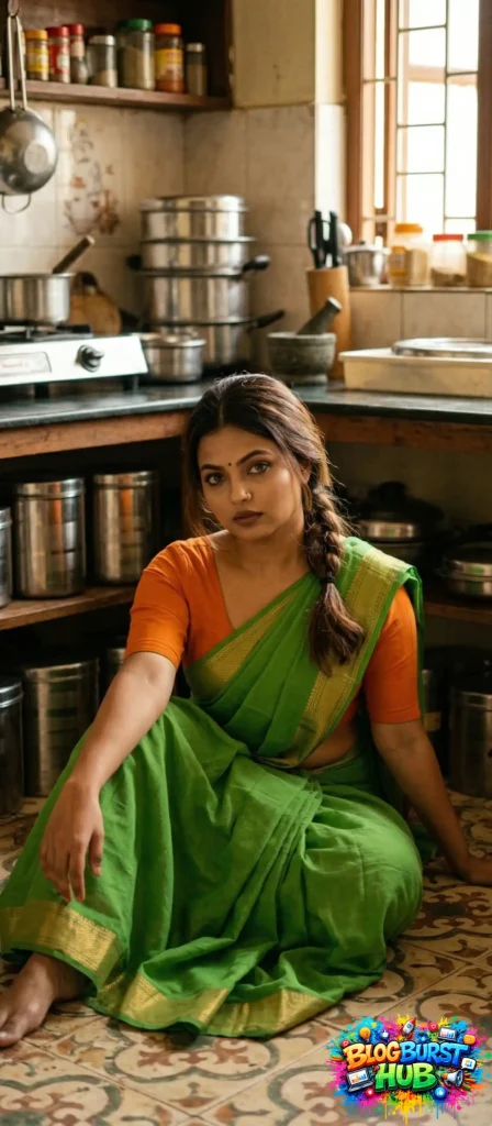 Traditional Indian woman sitting in rural kitchen with cinematic lighting and realistic AI photography style