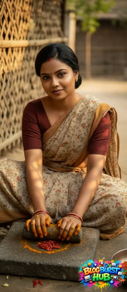 Woman grinding spices using traditional stone grinder in cinematic rural setting