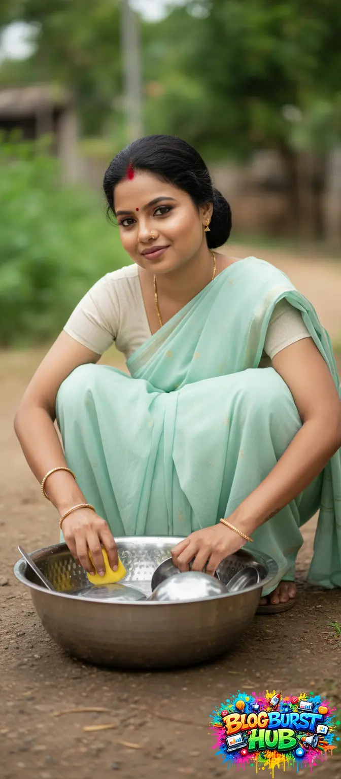 Village woman washing utensils in outdoor setting with cinematic rural lighting
