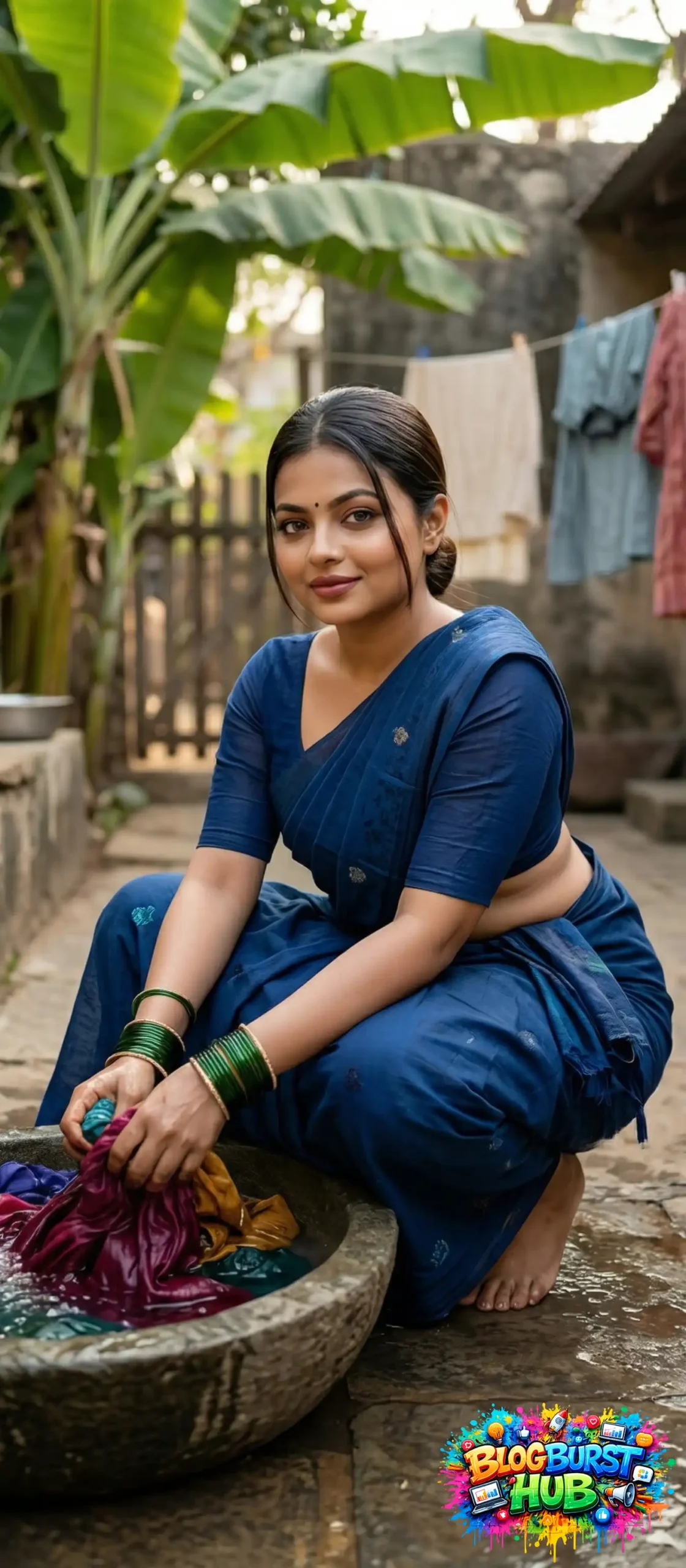 Rural Indian woman washing colorful clothes in basin outdoors with cinematic lighting and natural village background