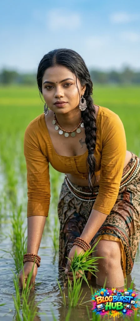 Woman working in paddy field with water, cinematic rural AI image with realistic lighting