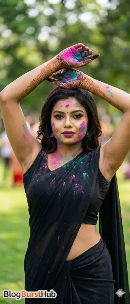 Woman in black saree celebrating Holi with colorful gulal on face and hands, vibrant outdoor festival portrait 2026
