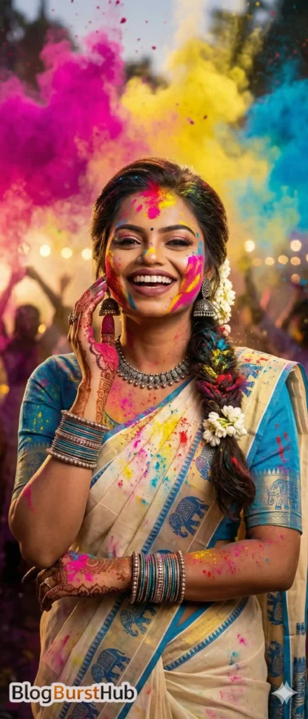 Smiling woman in traditional saree celebrating Holi with colorful powder clouds and festive crowd