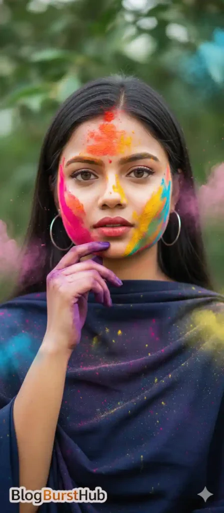 Close-up portrait of woman with bright pink yellow and blue Holi powder on face and black outfit