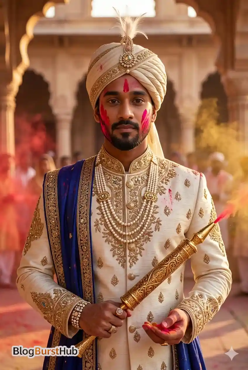 Man dressed as royal king in traditional sherwani celebrating Holi with red gulal and palace background