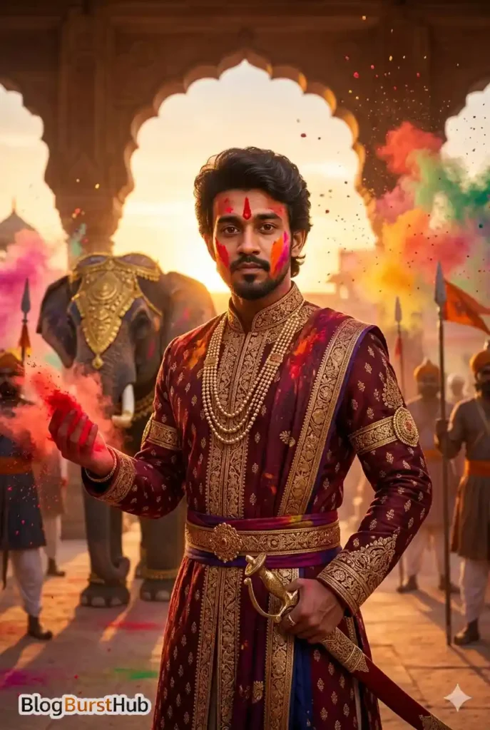 Royal man in maroon traditional attire holding sword and red Holi powder with elephant background