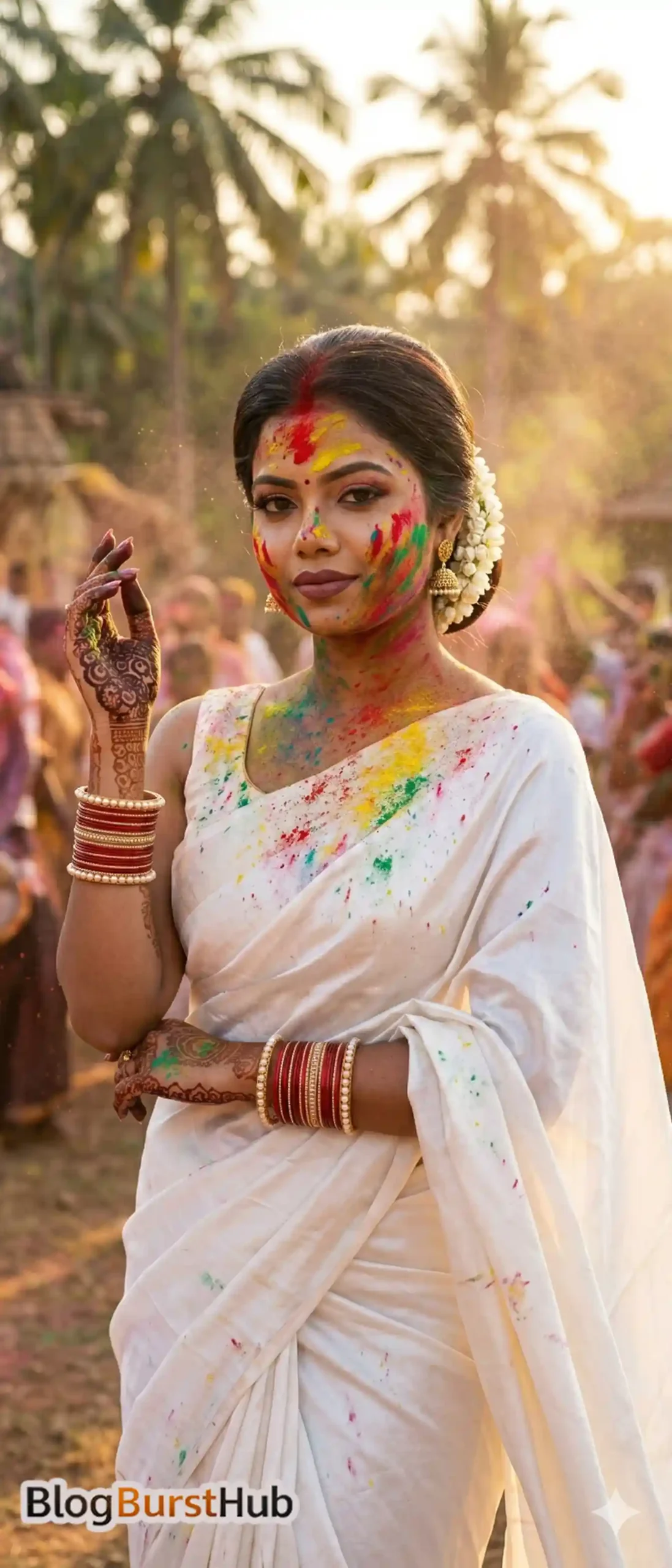 Indian woman in white saree celebrating Holi with colorful powder on face and golden sunset background