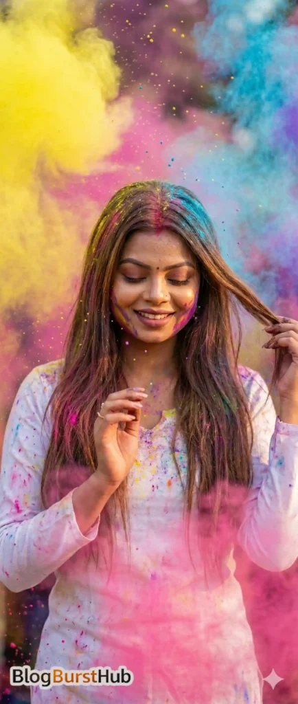 Young woman smiling during Holi with colorful powder explosion in pink yellow and blue background