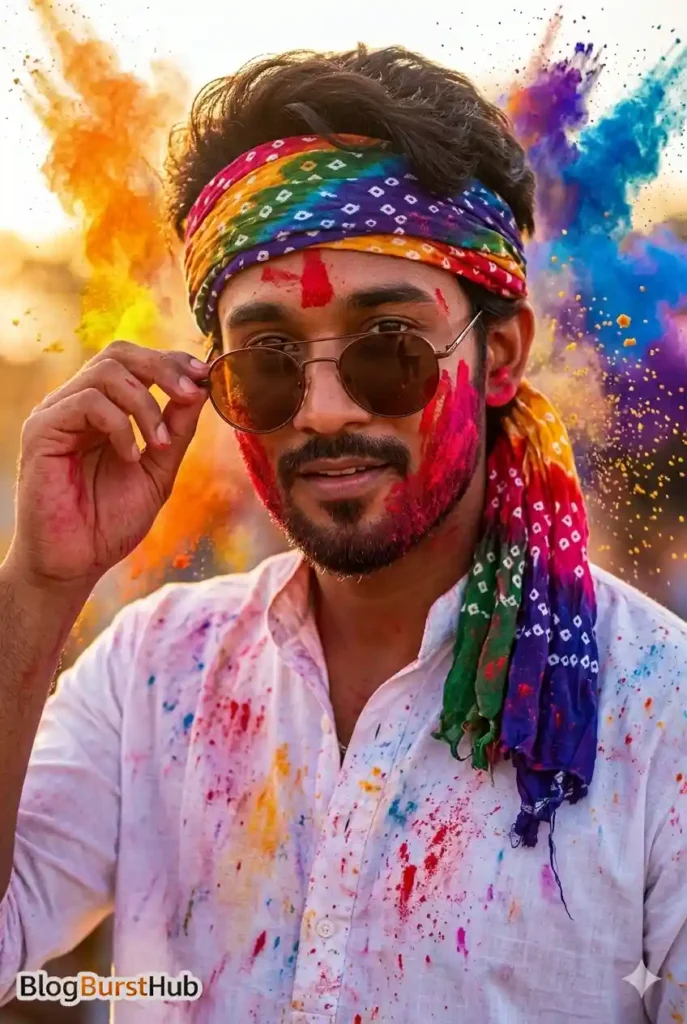 Young man wearing colorful headband and sunglasses celebrating Holi with vibrant powder explosion background