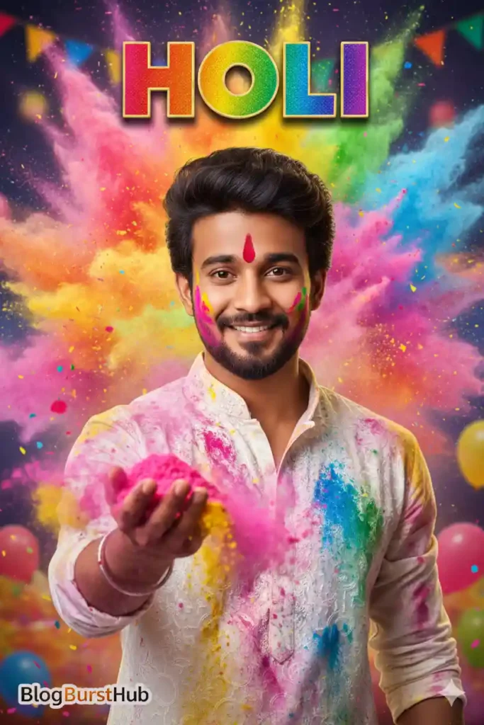 Young man smiling and offering pink gulal during Holi celebration with colorful powder explosion background