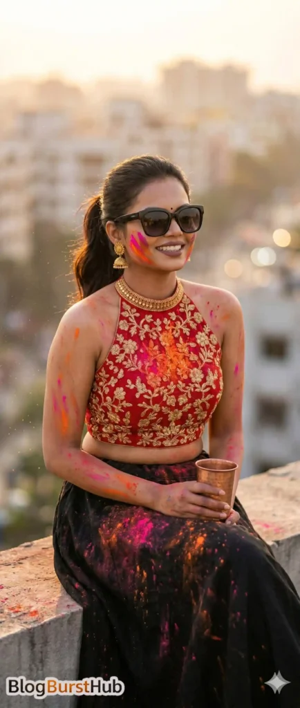 Young woman wearing sunglasses celebrating Holi at sunset with colorful powder on face and festive outfit
